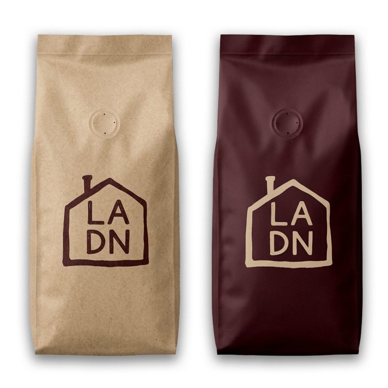 LADN coffee bags — kraft and burgundy